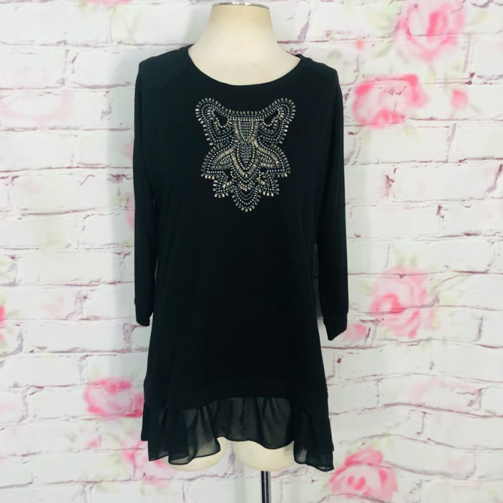 🔥5 for $25 sale🔥 Logo lavish beaded faux layered 3/4 sleeve blouse - Picture 1 of 6